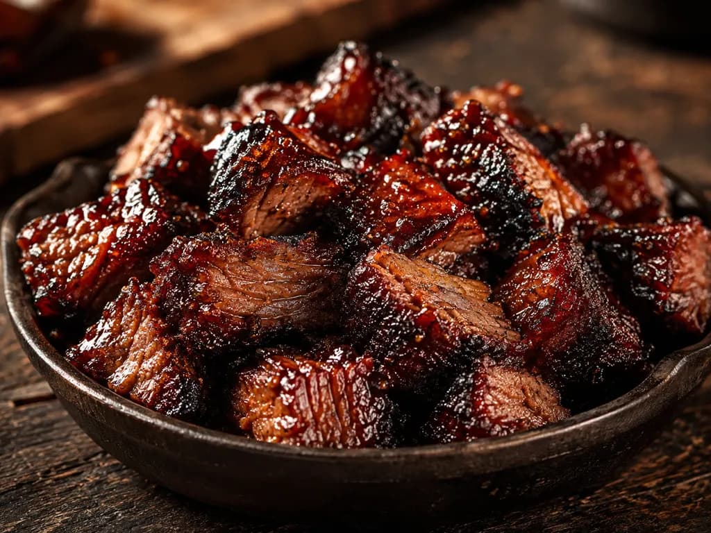 A cast-iron dish piled with glossy, dark-glazed cubes of brisket burnt ends