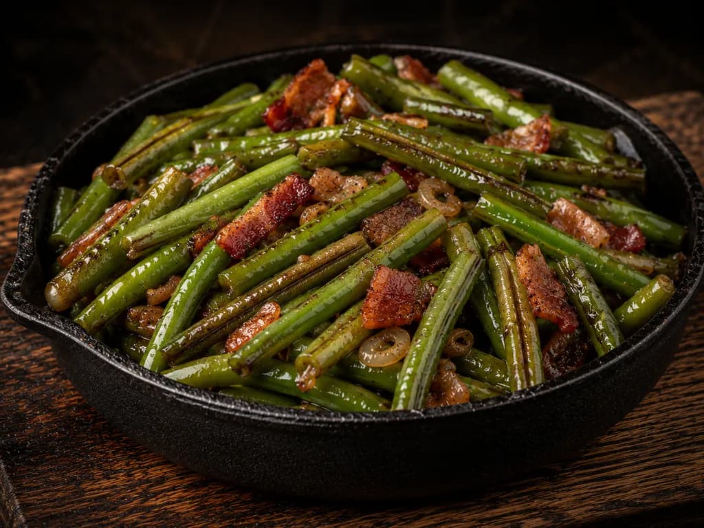 A cast-iron skillet of green beans simmered with pieces of smoked bacon and onion