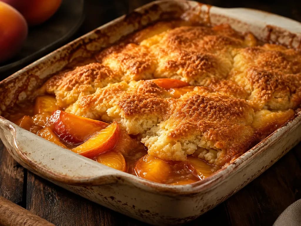 A baking dish of peach cobbler with a golden biscuit crust over bubbling, syrupy peach slices
