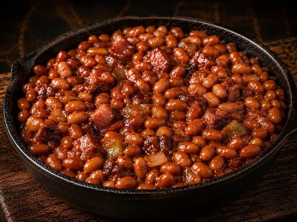A cast-iron skillet of dark barbecue beans loaded with chopped brisket, onion, and peppers