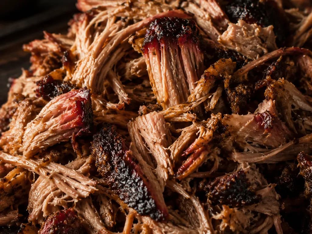 A mound of hand-pulled smoked pork shoulder shot through with dark, caramelized bark