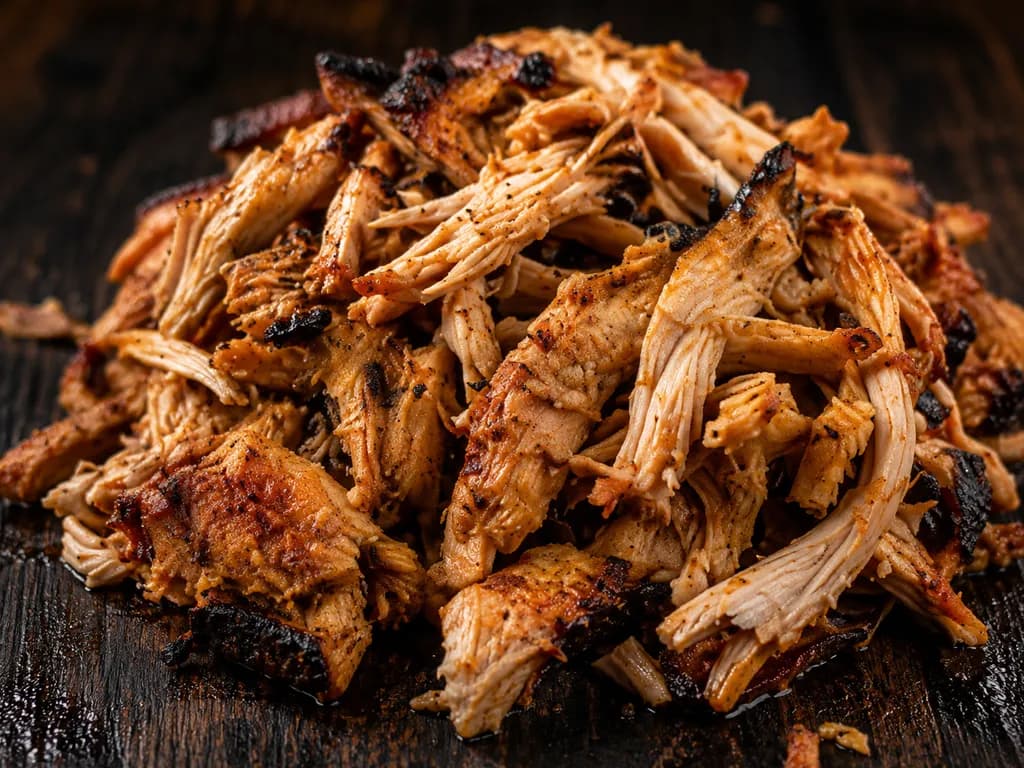 Pulled smoked chicken heaped on a dark wooden board, flecked with browned, seasoned edges