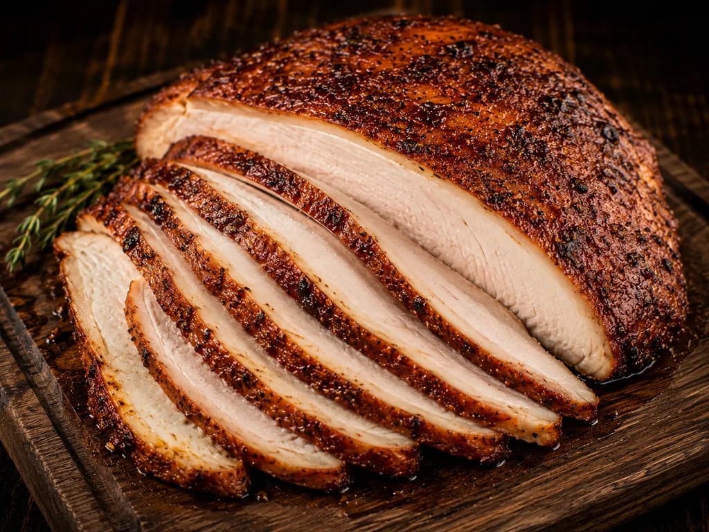 A smoked turkey breast with a dark seasoned crust, carved into thick slices on a wooden board