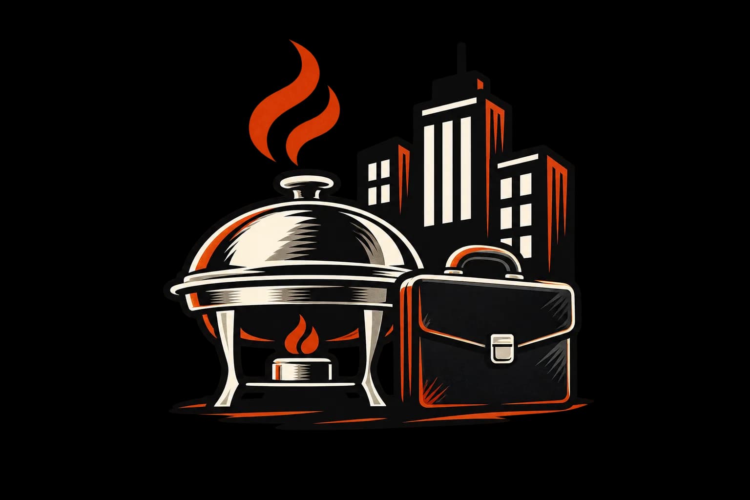 A covered chafing dish steaming beside a briefcase, with a city skyline behind them.