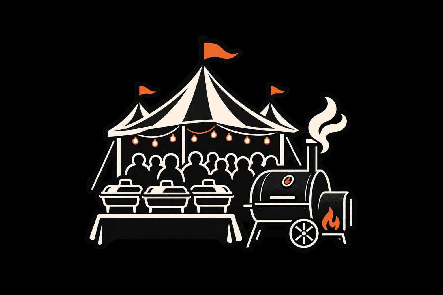 A crowded event tent over a line of chafing dishes, with an offset smoker running alongside.