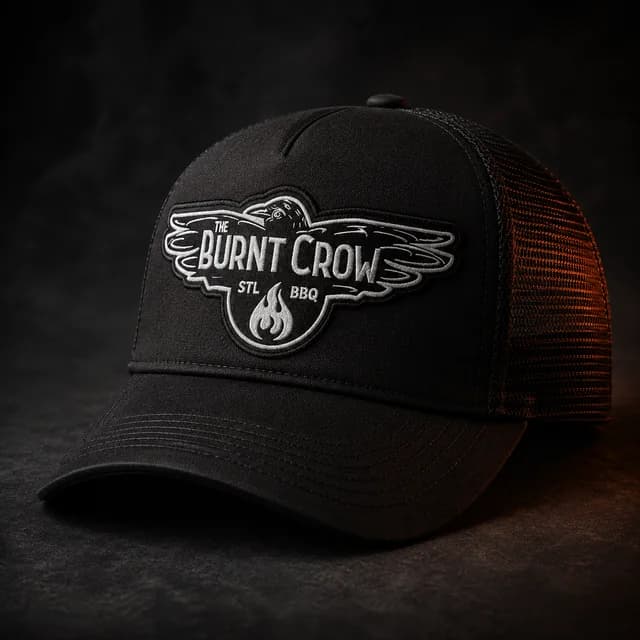 Black mesh-back trucker hat with an embroidered Burnt Crow logo patch