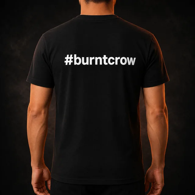 Back view of an adult model wearing a black T-shirt printed with #burntcrow